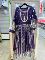 Vibrant Violet Majesty Anarkali Gown with Heavy Beaded Neck, Gold Threaded Design, Duppata, and Matching Bottom Pants