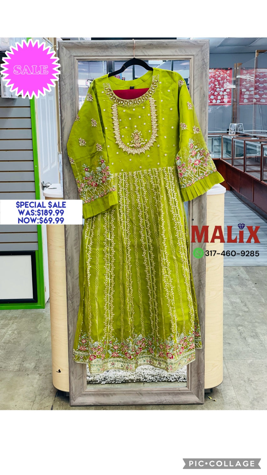 Enchanting Light Green Anarkali Gown with Heavy Beaded Neck, Gold Threaded Design, Duppata, and Matching Bottom Pants.