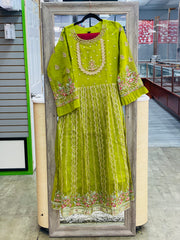 Enchanting Light Green Anarkali Gown with Heavy Beaded Neck, Gold Threaded Design, Duppata, and Matching Bottom Pants.