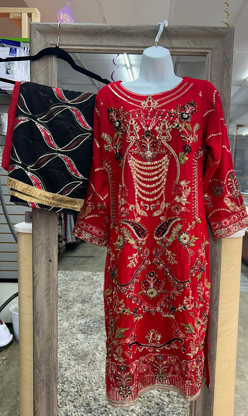 Red Colored Chiffon Cloth Designer Dress