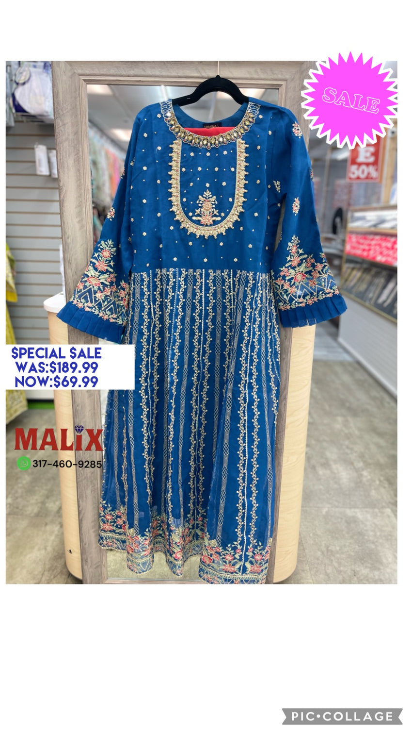 Blue Anarkali Gown with Gold Threaded Heavy Beads Neck Design, Red Dupatta, and Bottom Pants."