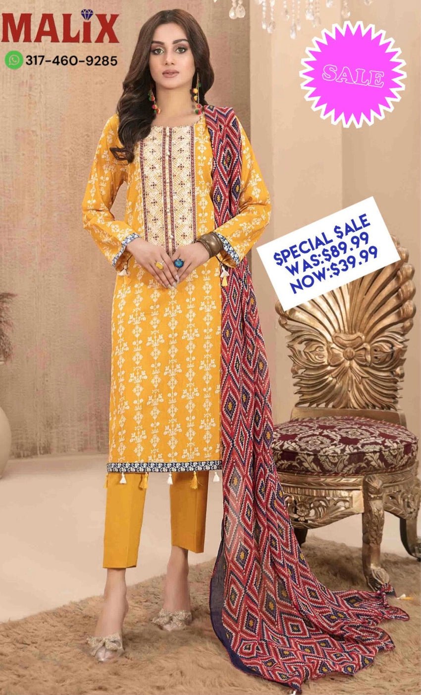 Yellow High Quality Lawn Daily Wear Branded Indian Pakistani Salwar Kameez