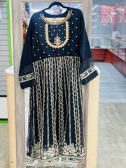 Elegant Black Anarkali Gown with Heavy Beaded Neck, Gold Threaded Design, Cream Dupatta, and Bottom Pants