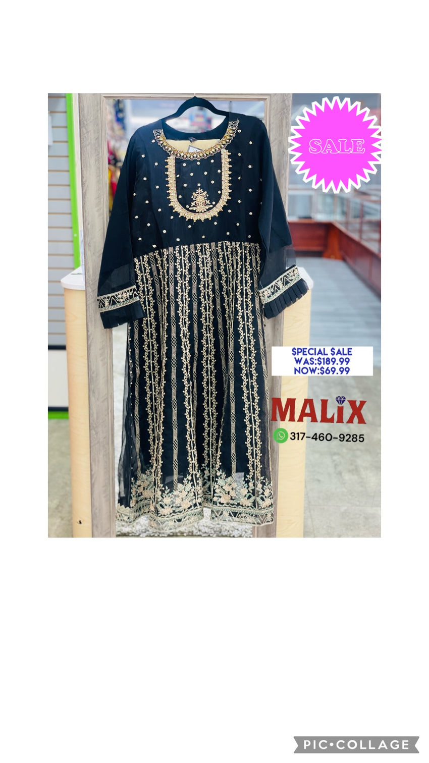 Elegant Black Anarkali Gown with Heavy Beaded Neck, Gold Threaded Design, Cream Dupatta, and Bottom Pants