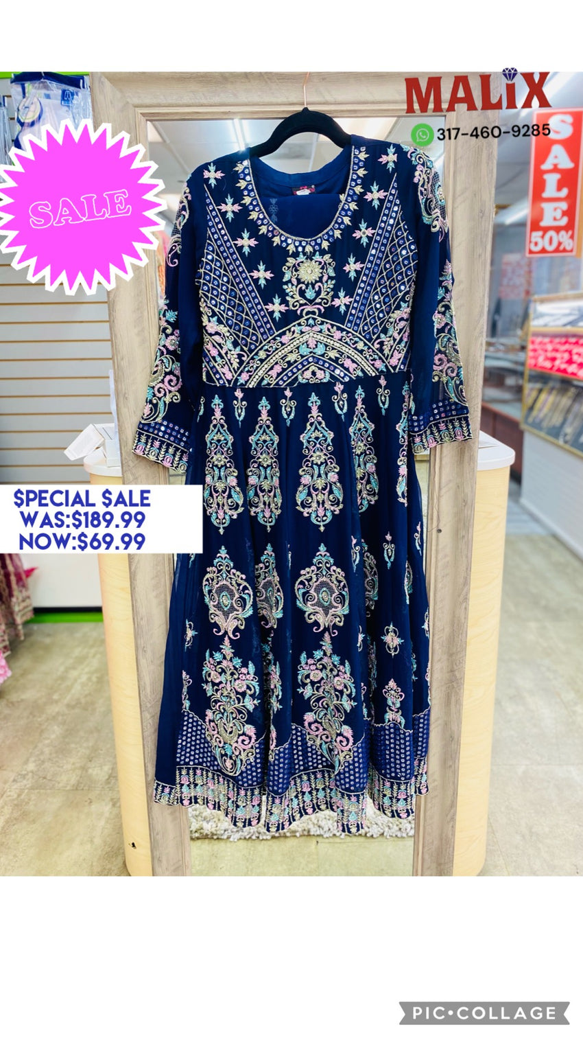 Navy Blue Heavy  Embroidered Long Frock With Duppata And Bottom Pants