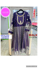 Vibrant Violet Majesty Anarkali Gown with Heavy Beaded Neck, Gold Threaded Design, Duppata, and Matching Bottom Pants