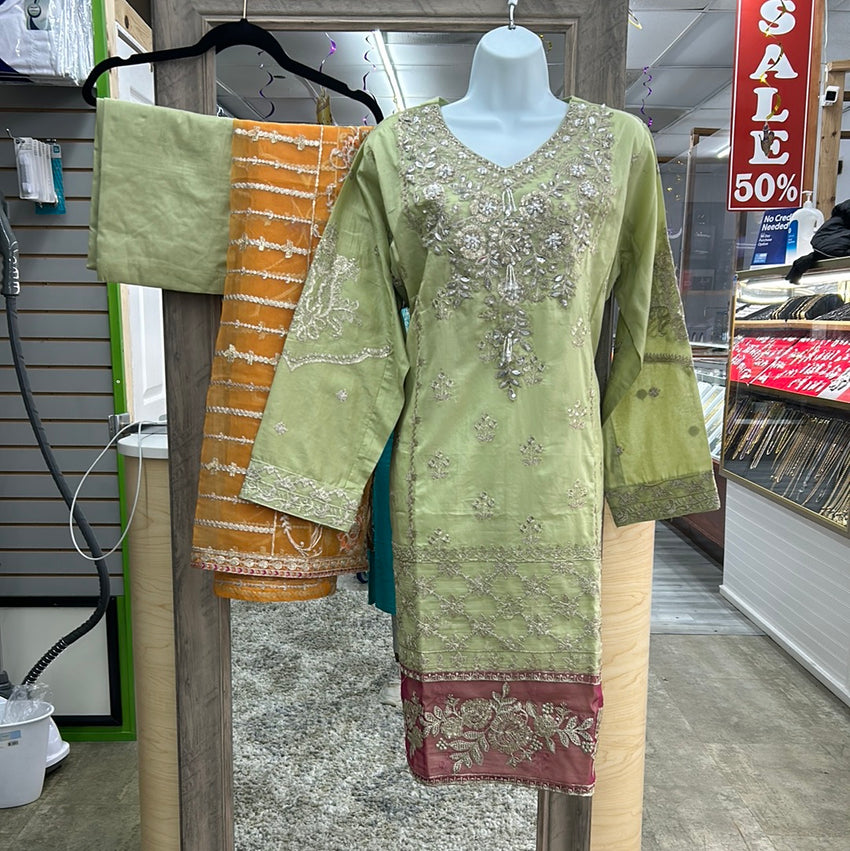 Light Green Color Cotton Designer Dress