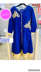 Blue and Cream Long Frock with Cream Designer Work, Cream Pants, and Blue Dupatta