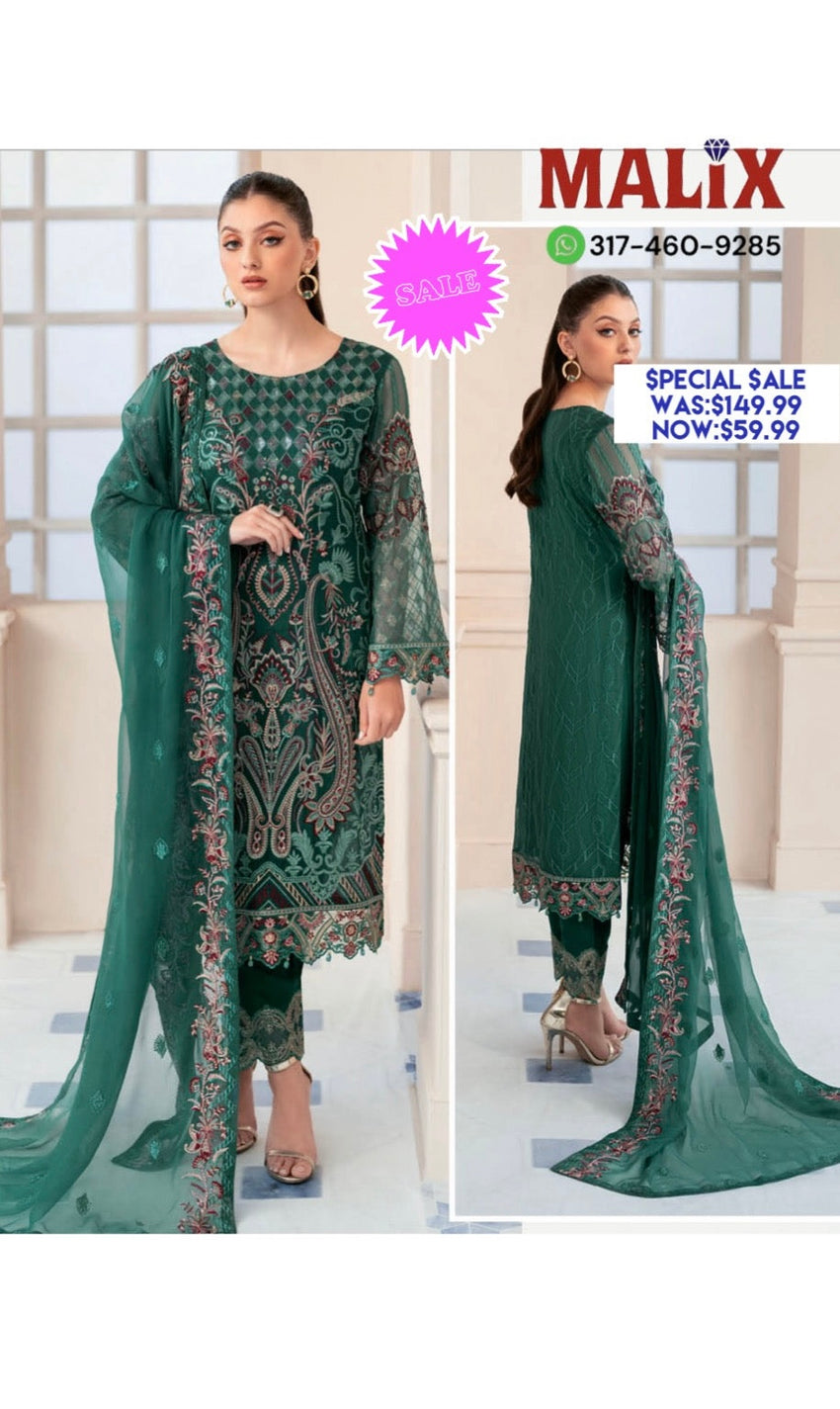 Green Fully Embroided Ramsha Chiffon Designer Salwar Kameez Indian Pakistan