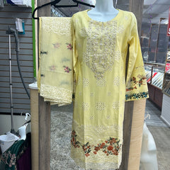 Trendy Lemon Yellow Colored Cotton Women’s 3Pc Designer Dress