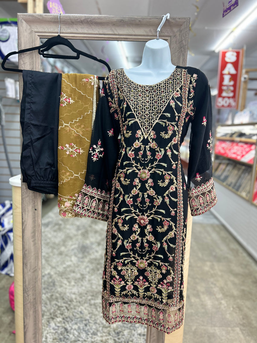 Graceful Black Color Chiffon Cloth Women’s 3Pc Designer Dress