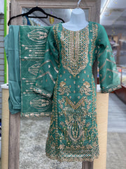 Dashing Green Color Organza Cloth Women’s 3Pc Designer Partywear Dress