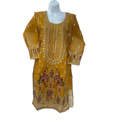 Yellow organza dress with designer dupatta