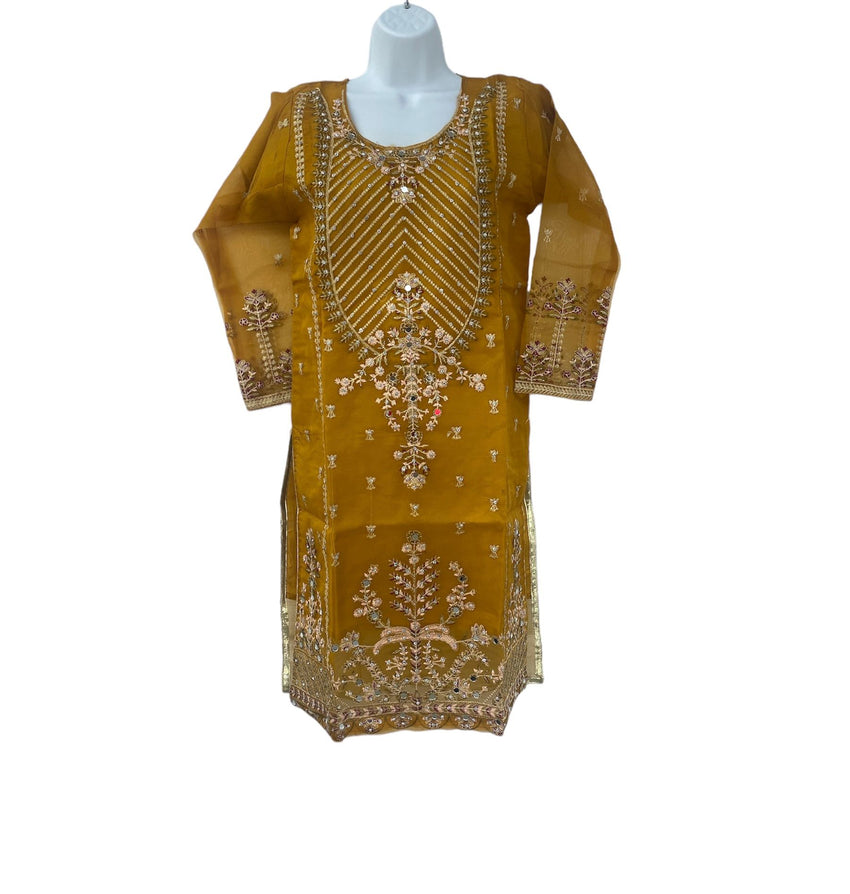 Yellow color organza dress with designer dupatta