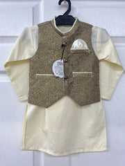 Cream color salwar kameez for boys with waist coat