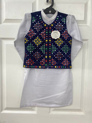 White color salwar kameez with mirror work waist coat.
