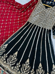 Black Color Desi Designer Long Gown With Maroon Dupatta