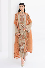 Beige Pakistani Designer Chiffon Embroidery Salwar Kameez Suit Set