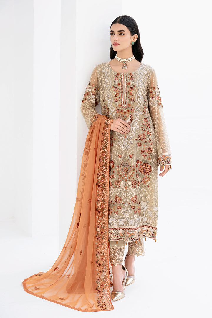 Beige Pakistani Designer Chiffon Embroidery Salwar Kameez Suit Set