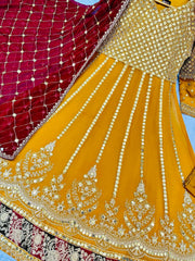 Yellow Color Desi Designer Long Gown  With Maroon Dupatta