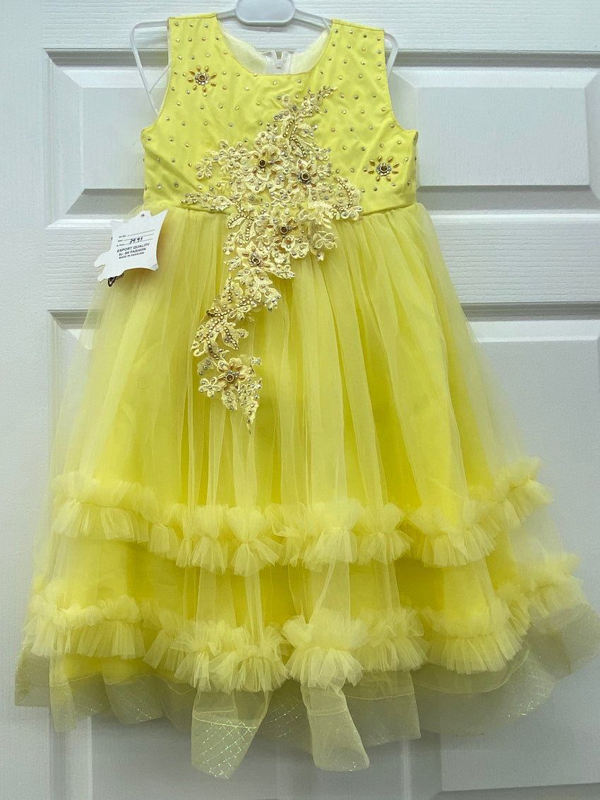 Yellow color net frock with embroidery