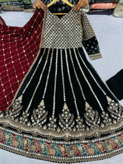 Black Color Desi Designer Long Gown With Maroon Dupatta