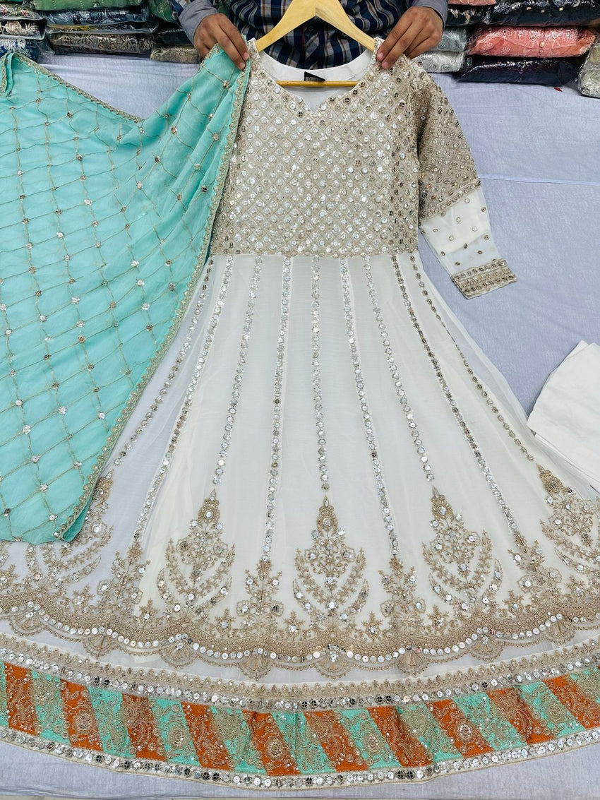 White Color Desi Designer Long Gown With Dupatta